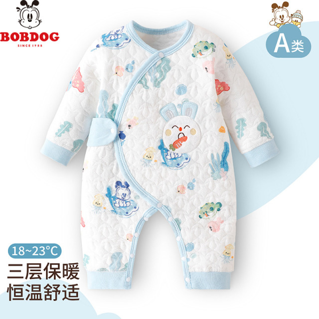 13667891.巴布豆【薄棉空气层A类保暖】婴儿连体服秋季纯棉无骨男女宝宝外出服哈衣