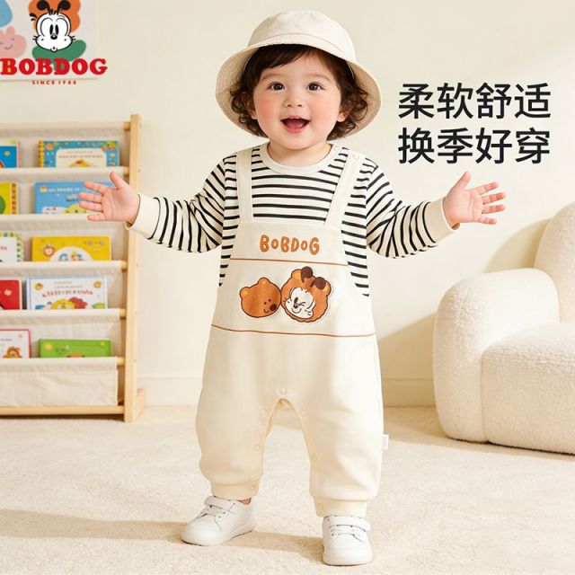 13668230.巴布豆卡通婴儿连体衣纯棉假两件长袖哈衣新生儿宝宝洋气外出爬服