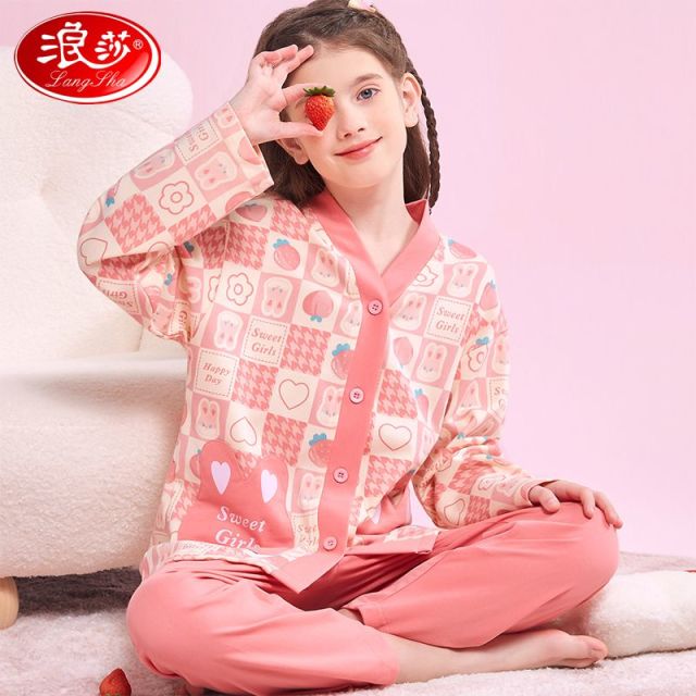 12107578.【3A抑菌纯棉】儿童睡衣家居服套装女童睡衣小香风V领甜美开衫
