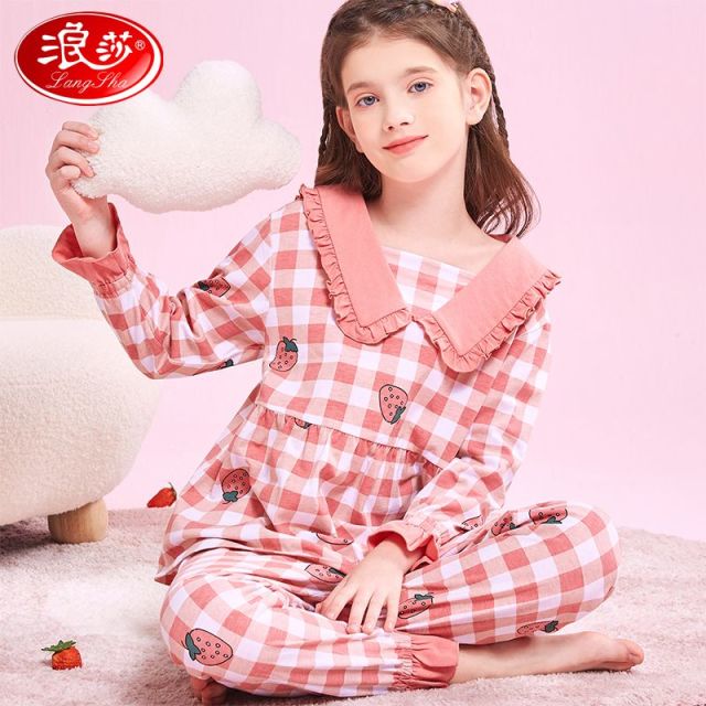 12107597.【3A抑菌纯棉娃娃领】儿童睡衣家居服套装女童睡衣公主翻领花边