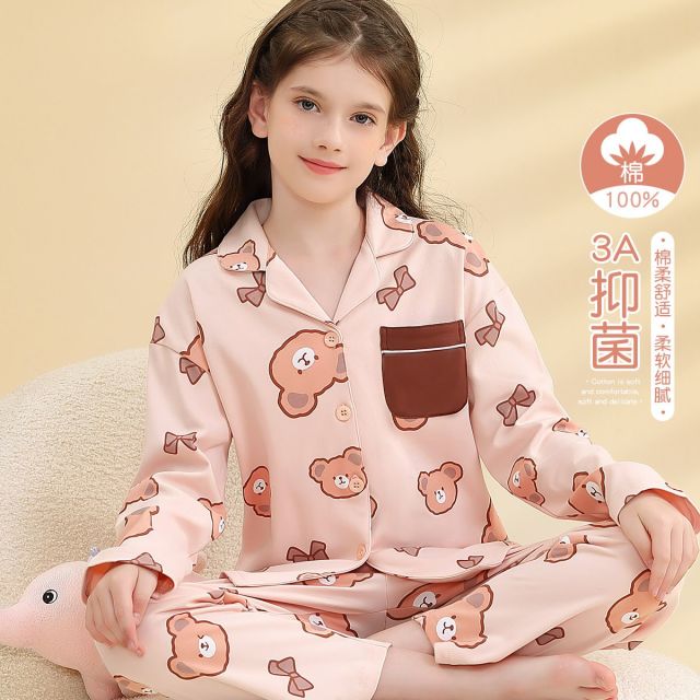 12107389.【100%棉抑菌】儿童睡衣女童家居服中大童卡通小熊睡衣套装