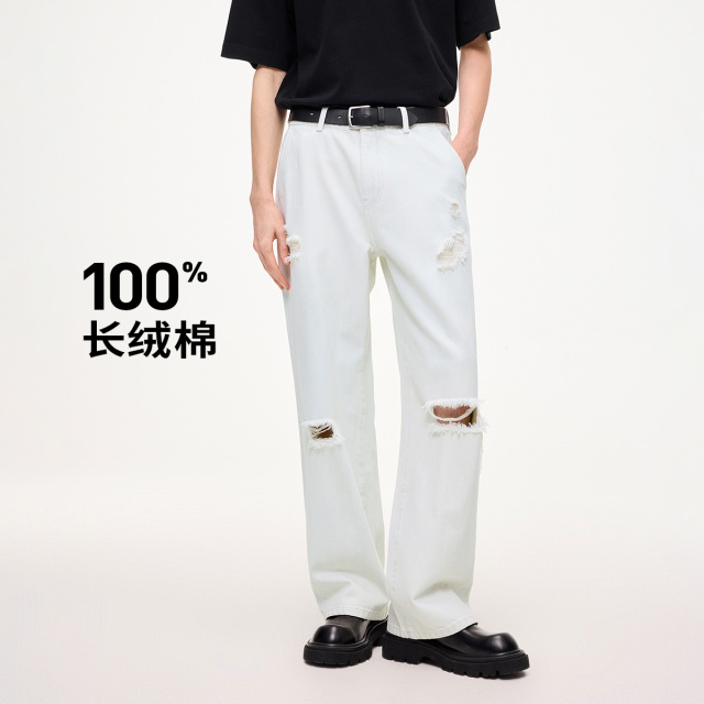 12547670.【纯棉透气】小帆船YOUNG系列时尚宽松破洞直筒裤男士牛仔裤