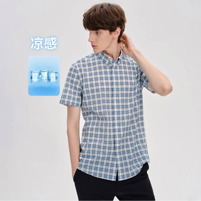 13462663.【凉感透气】意大利小帆船 春夏短袖格子衬衣男士衬衫