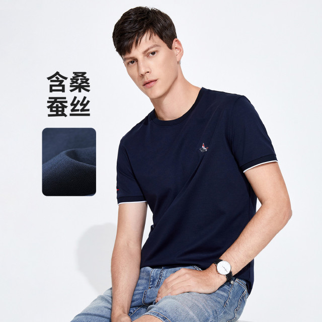 13462669.【含桑蚕丝&防污】意大利小帆船 春夏男士户外休闲短袖圆领T恤