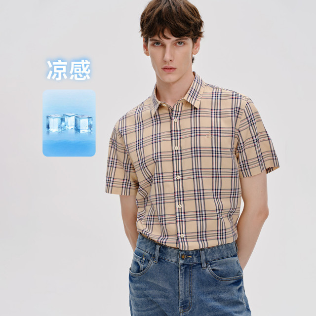 13462661.意大利小帆船 春夏休闲百搭男士经典简约短袖格纹衬衫