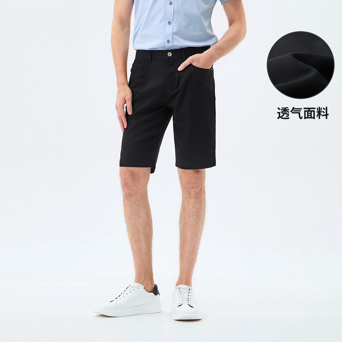 13462662.意大利小帆船 春夏季新款休闲五分裤男黑色透气弹力直筒中裤