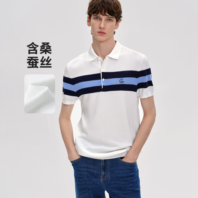 13462645.【含桑蚕丝&抑菌】意大利小帆船春夏透气条纹t恤男士polo衫