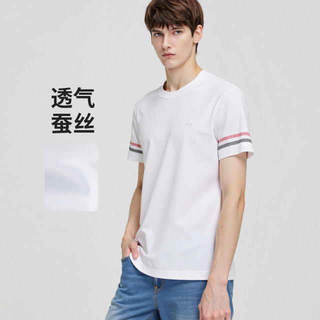 13462621.【含桑蚕丝】意大利小帆船 夏季透气舒爽天丝短t净色圆领T恤男