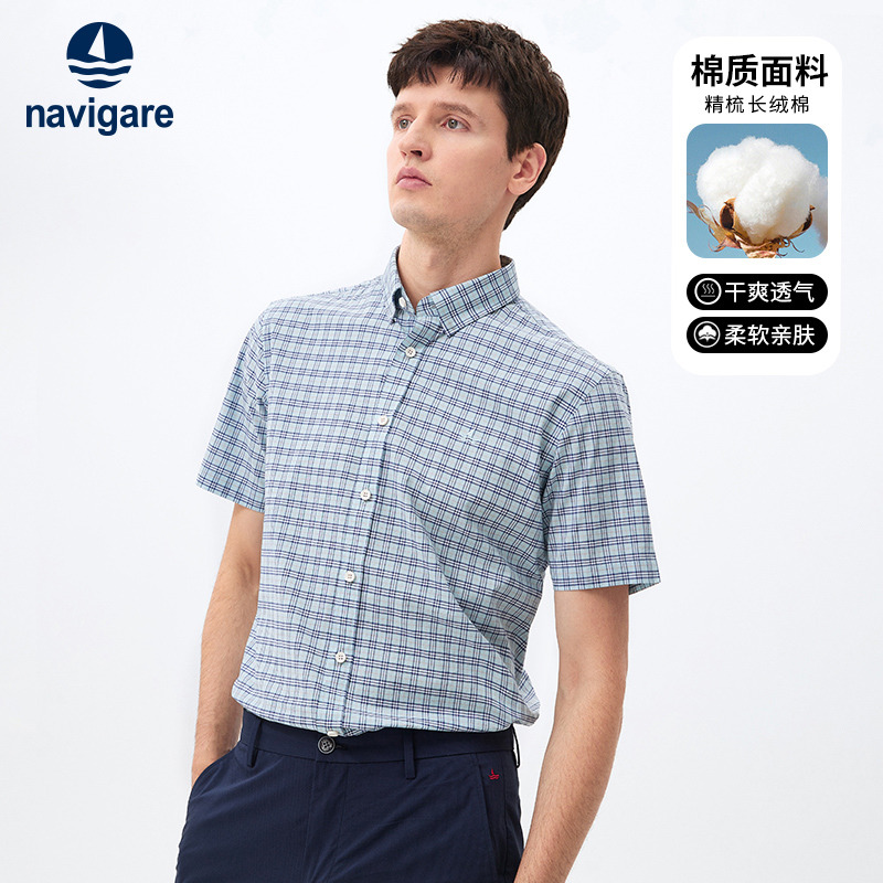 13467443.意大利小帆船 男士短袖格子衬衣夏季新款高端休闲格纹衬衫