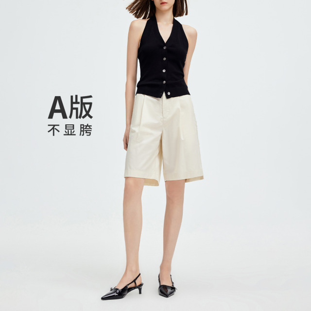 13467473.意大利小帆船 春夏女士A字阔腿五分裤简约纯色休闲中裤