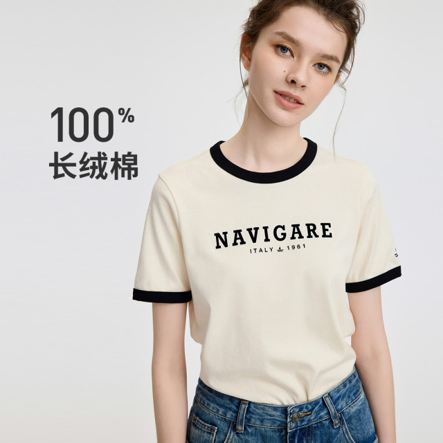 13474328.【纯棉透气】意大利小帆船 春夏撞色字母拼接上衣女士圆领T恤