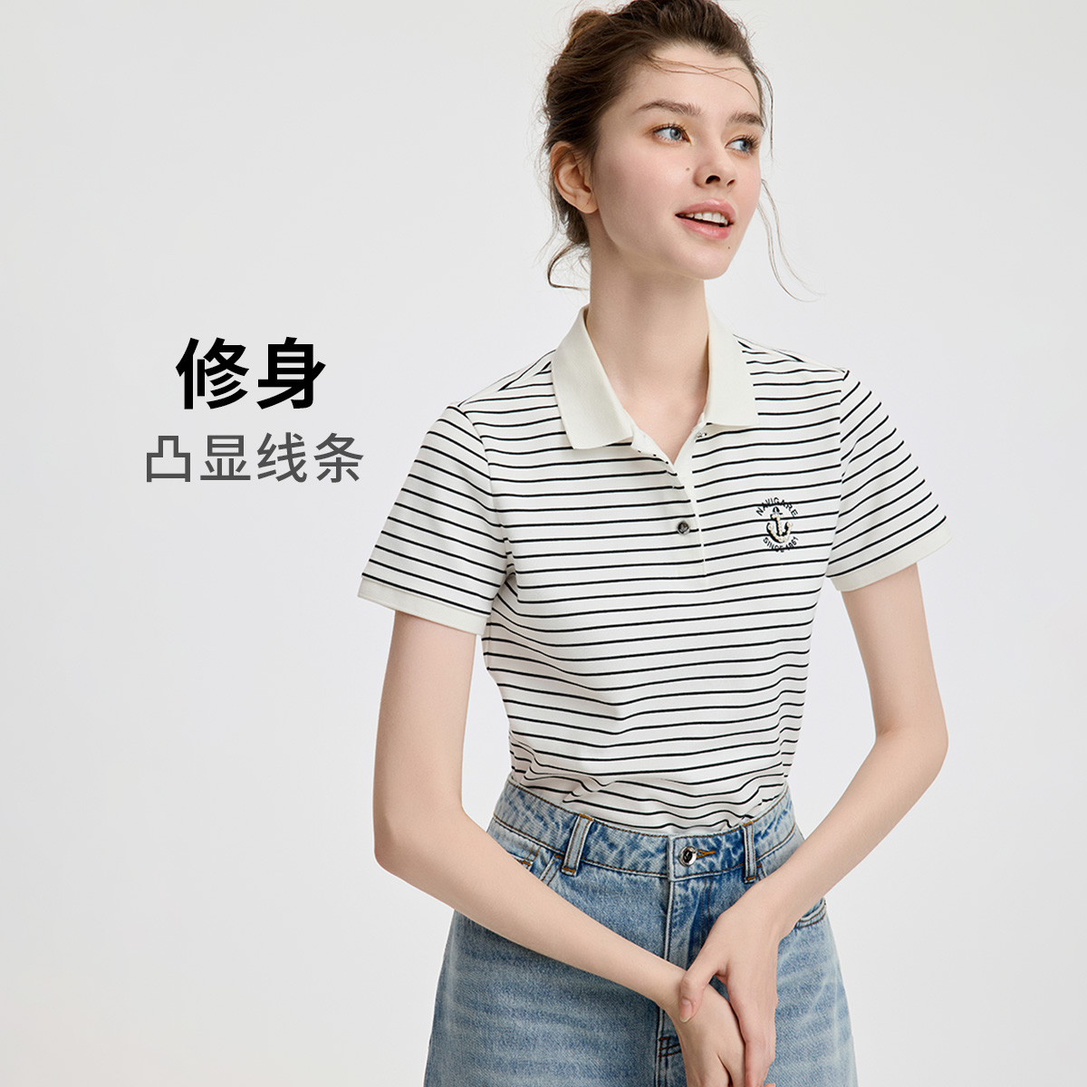 13474289.意大利小帆船 夏季修身显瘦条纹甜美短款Polo衫女士短袖t恤