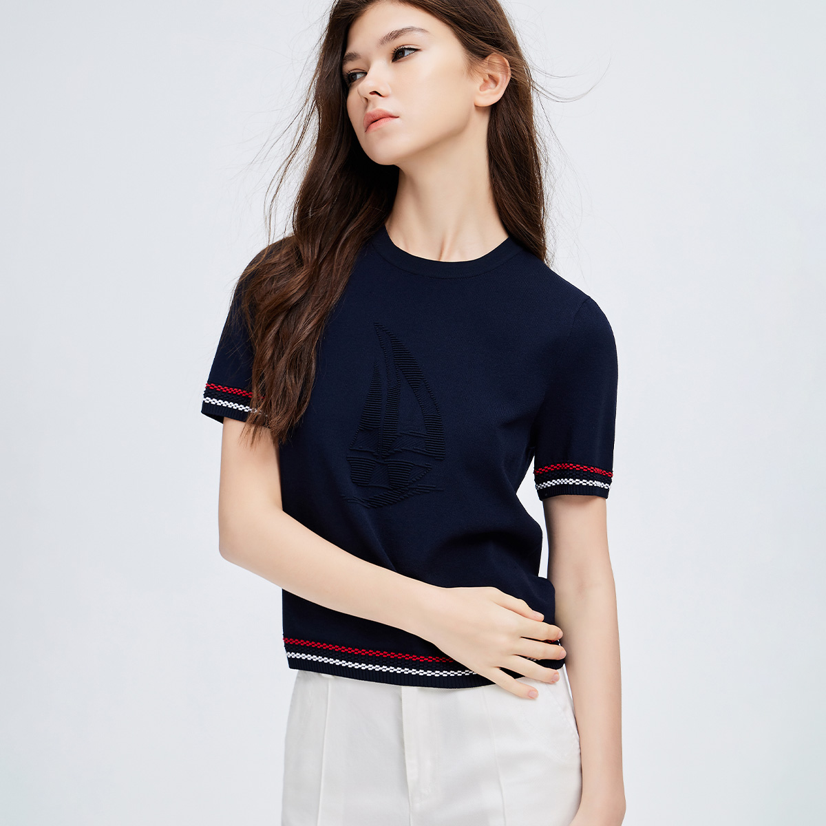13474304.【伊力特面料】意大利小帆船春夏轻薄弹力圆领女针织T恤