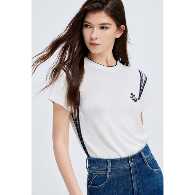 13474305.【条纹背带设计】意大利小帆船 春夏新品女士短袖圆领T恤针织衫