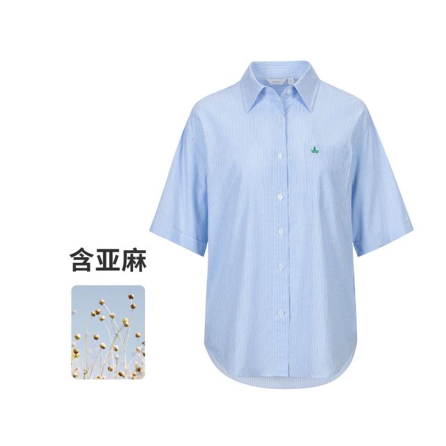 13474290.意大利小帆船 春夏轻薄款休闲宽松衬衣女士短袖条纹衬衫外套