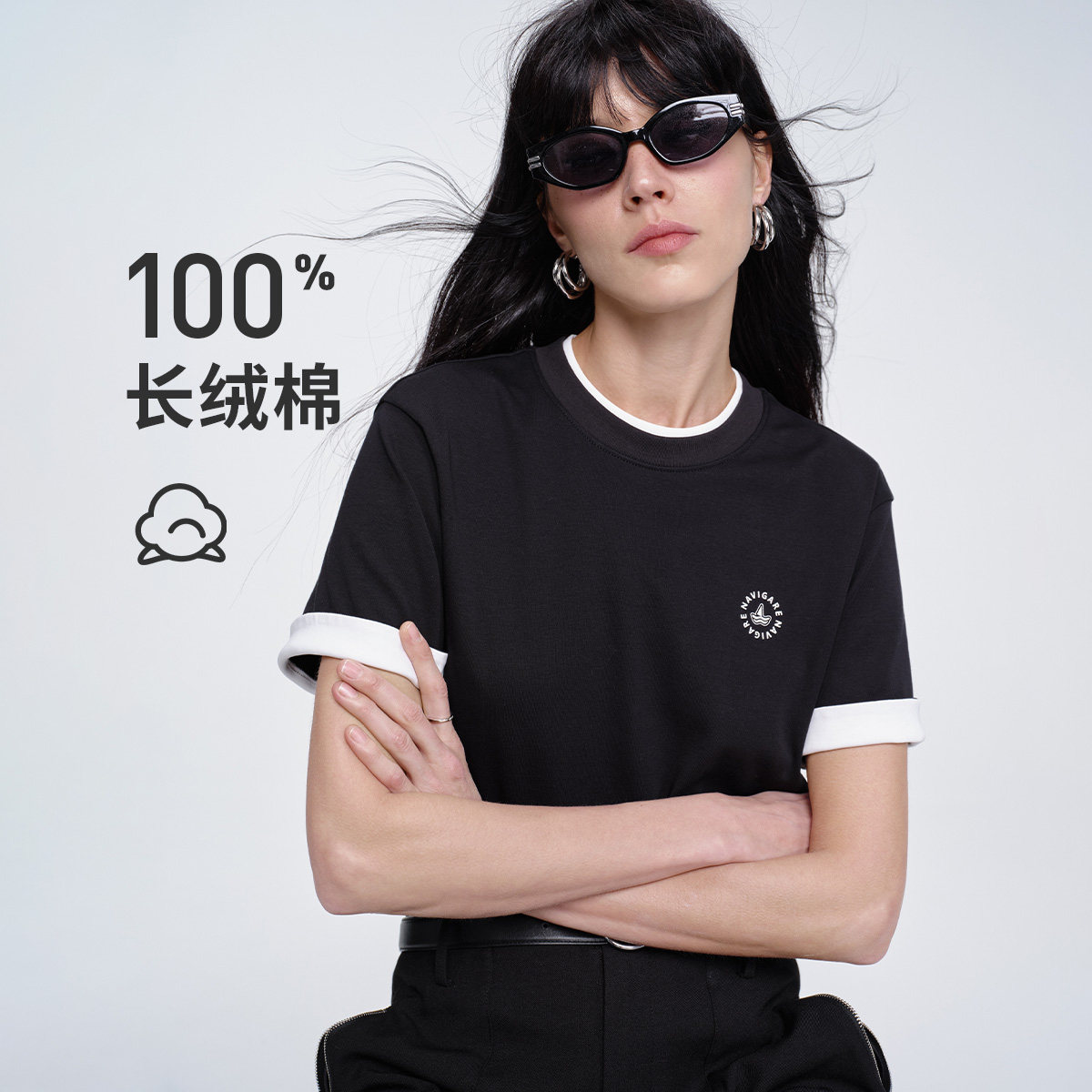 13474310.【100%棉】意大利小帆船 夏季微落肩运动透气圆领短袖T恤女