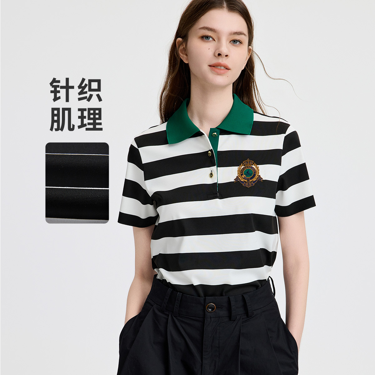 13474333.意大利小帆船 春夏通勤百搭条纹短袖T恤女士透气polo衫