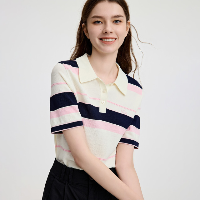 13474287.意大利小帆船 春夏气质减龄拼接条纹女士短袖polo领针织衫