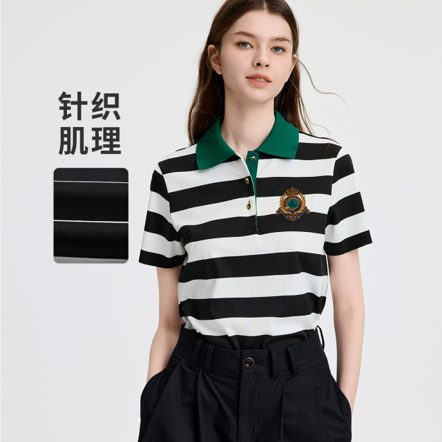 13474333.意大利小帆船 春夏通勤百搭条纹短袖T恤女士透气polo衫