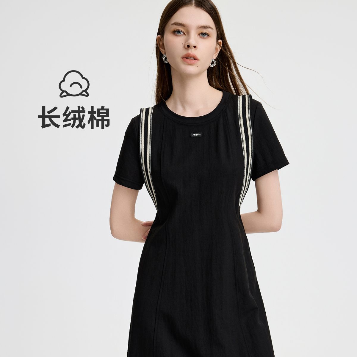 13485084.意大利小帆船 春夏新品优雅气质透气中长裙女士拼接圆领连衣裙