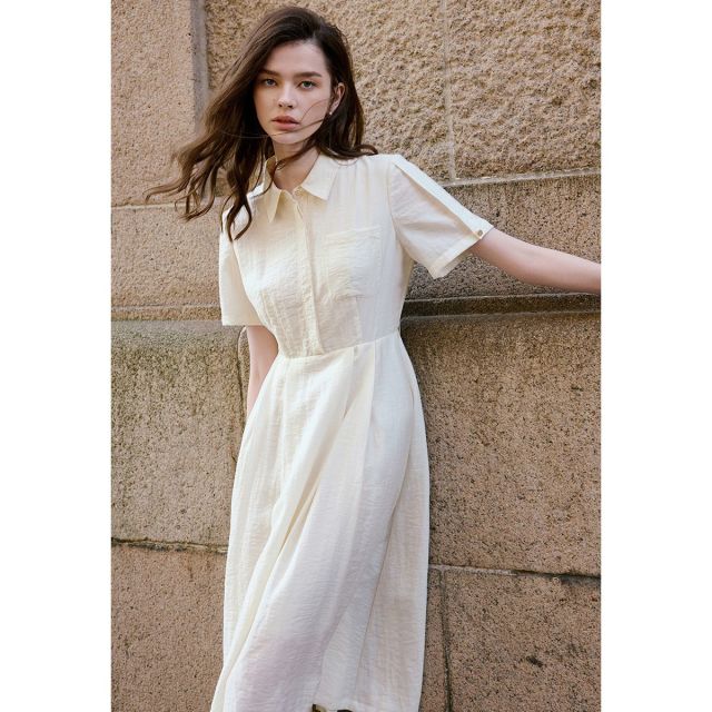 13485070.意大利小帆船 春夏女士简约素雅休闲顺滑透气高腰显瘦翻领连衣裙