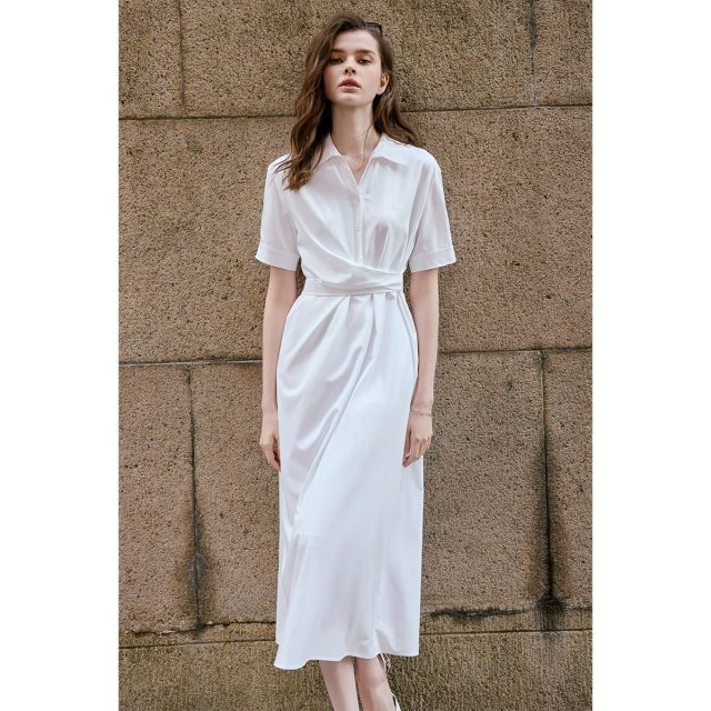 13485065.意大利小帆船 春夏轻薄顺滑收腰翻领长裙女士气质轻商务连衣裙