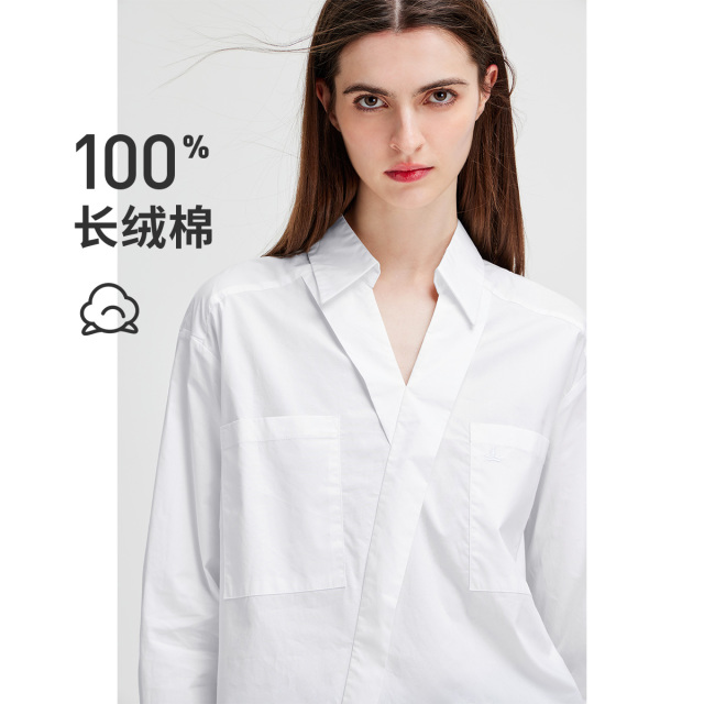13638367.意大利小帆船 显瘦气质V领斜门襟纯棉舒衬衣适女士长袖净色衬衫
