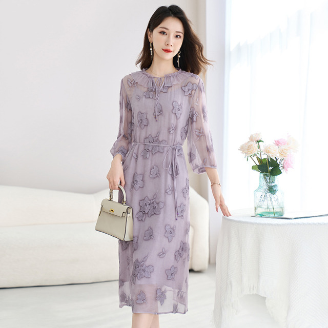 12209939.兽王女士真丝连衣裙手工刺绣花艺短袖桑蚕丝长裙