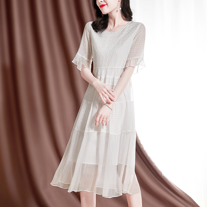 12390855.【100%桑蚕丝】兽王女士夏季新款圆领简约百搭真丝短袖连衣裙