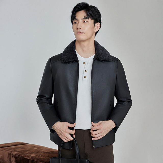 12678080.【可拆卸毛领】兽王男士秋冬真皮羽绒服翻领商务牛皮加厚中年男皮衣