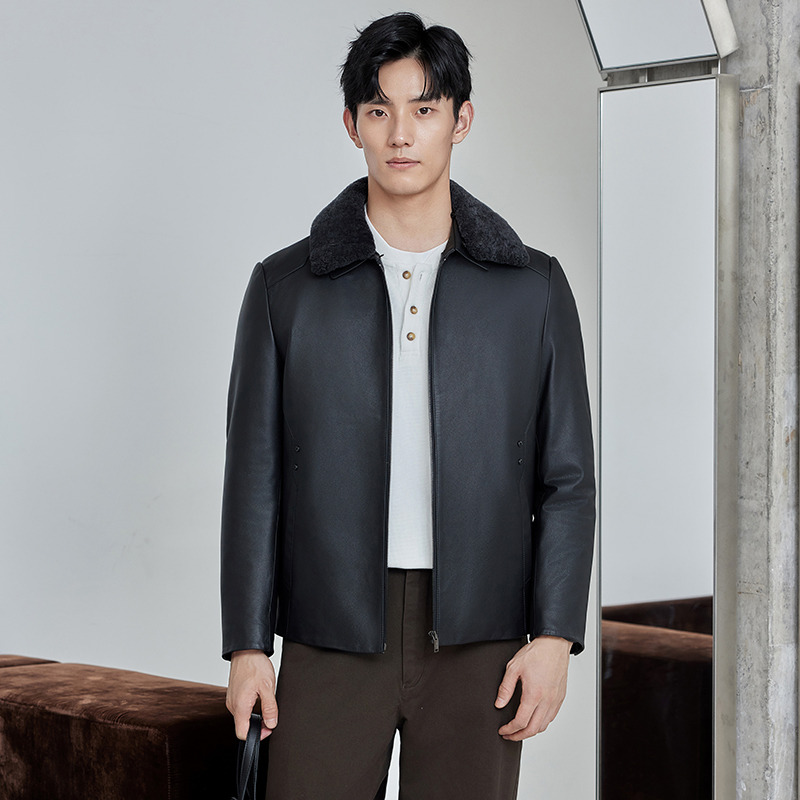 12678080.【可拆卸毛领】兽王男士秋冬真皮羽绒服翻领商务牛皮加厚中年男皮衣