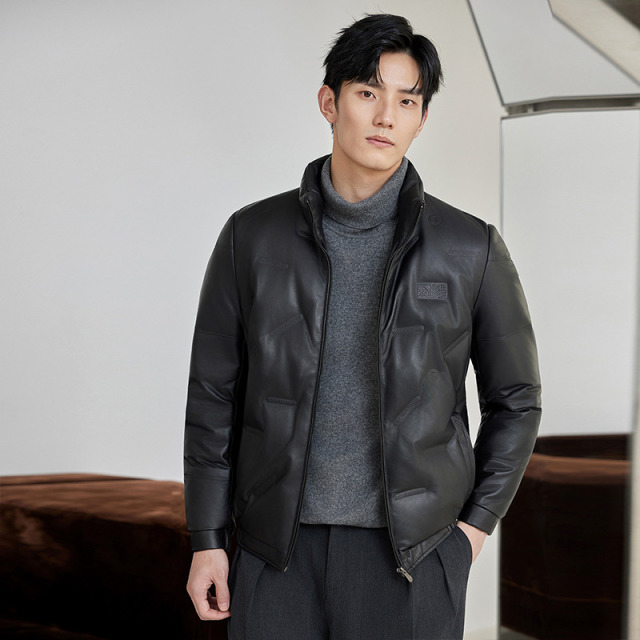 12720395.【时尚款】兽王男士冬季绵羊皮立领白鸭绒面包服夹克真皮羽绒皮衣
