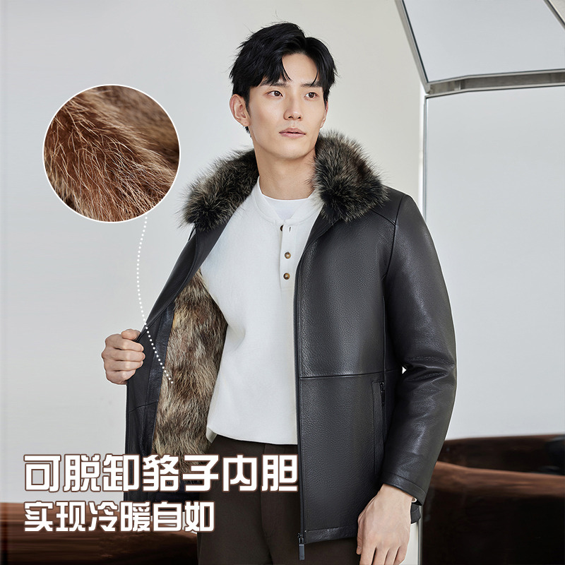 12685347.【可拆卸内胆】兽王男士冬季高端山羊皮商务翻领貉子毛内胆加厚皮克服