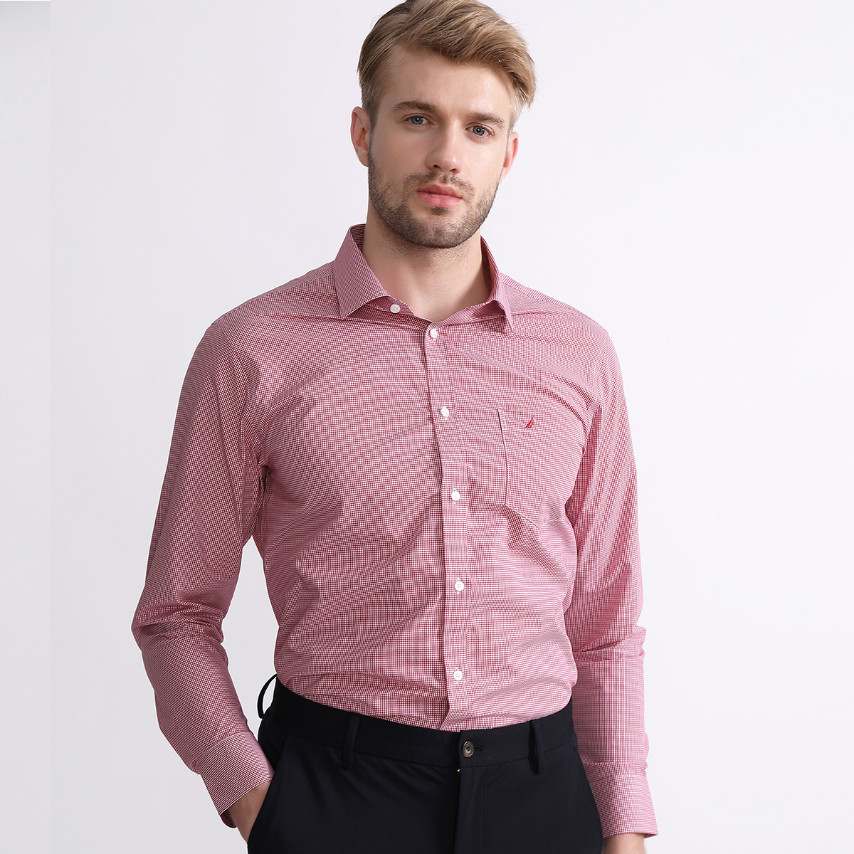 10287785.Nautica Tailored格子男士衬衫男春秋长袖商务正装男式衬衣