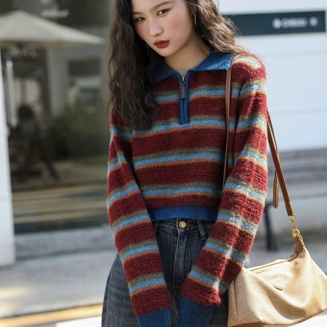 11205844.牧冬羊翻领彩虹半拉链针织衫