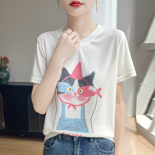 12405233.【莱赛尔系列 天丝触感】莱赛尔油画猫针织短袖