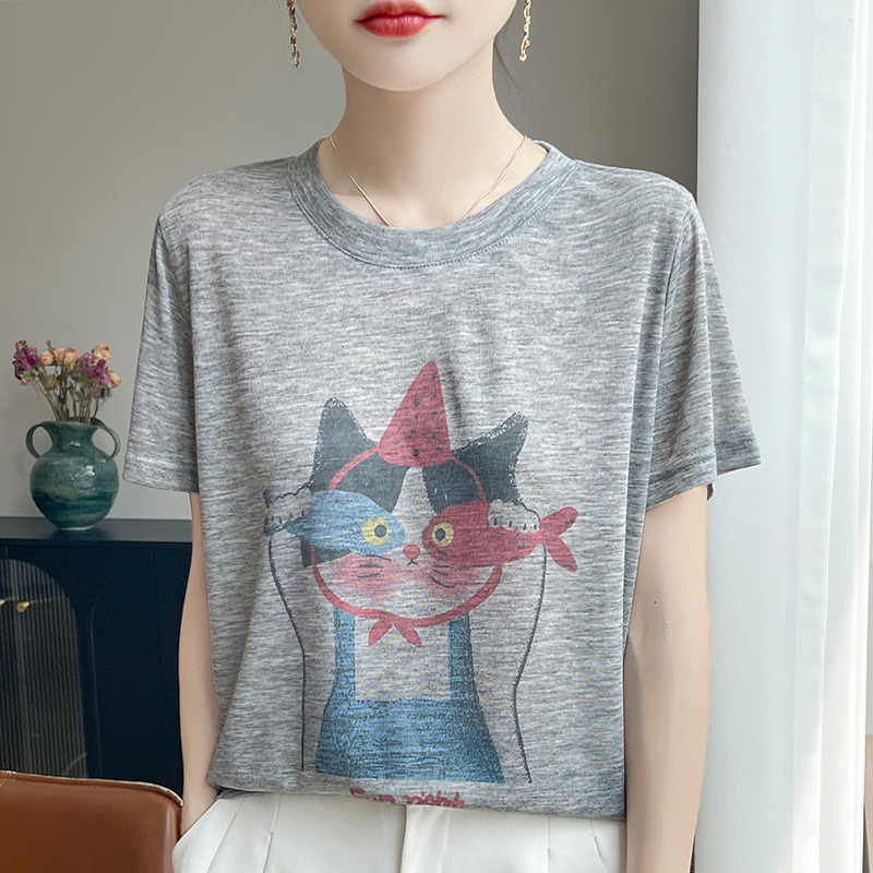 12405233.【莱赛尔系列 天丝触感】莱赛尔油画猫针织短袖