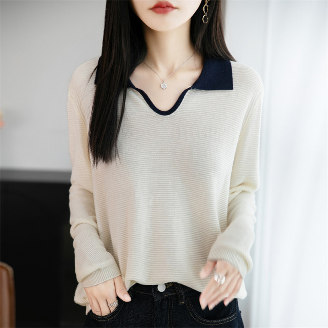 12479633.牧冬羊精纺羊毛小V领撞色针织衫