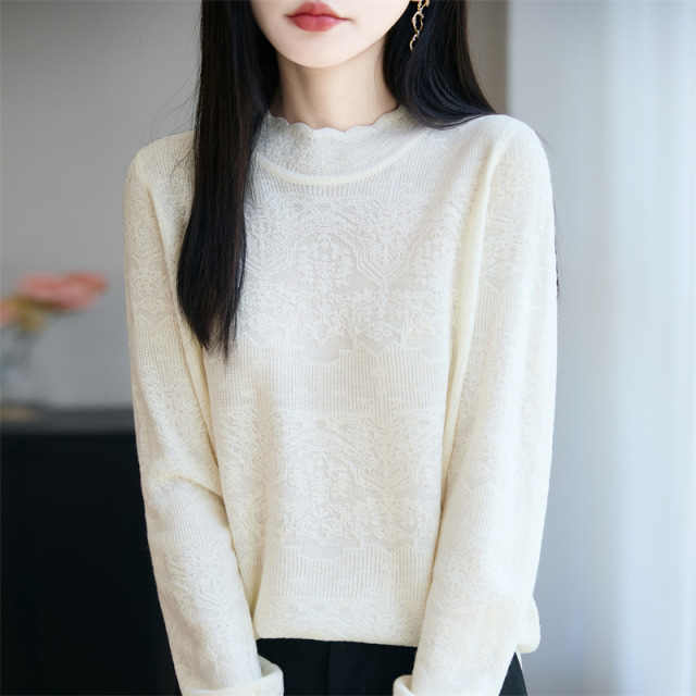 12479626.牧冬羊精纺羊毛蕾丝半高领针织衫