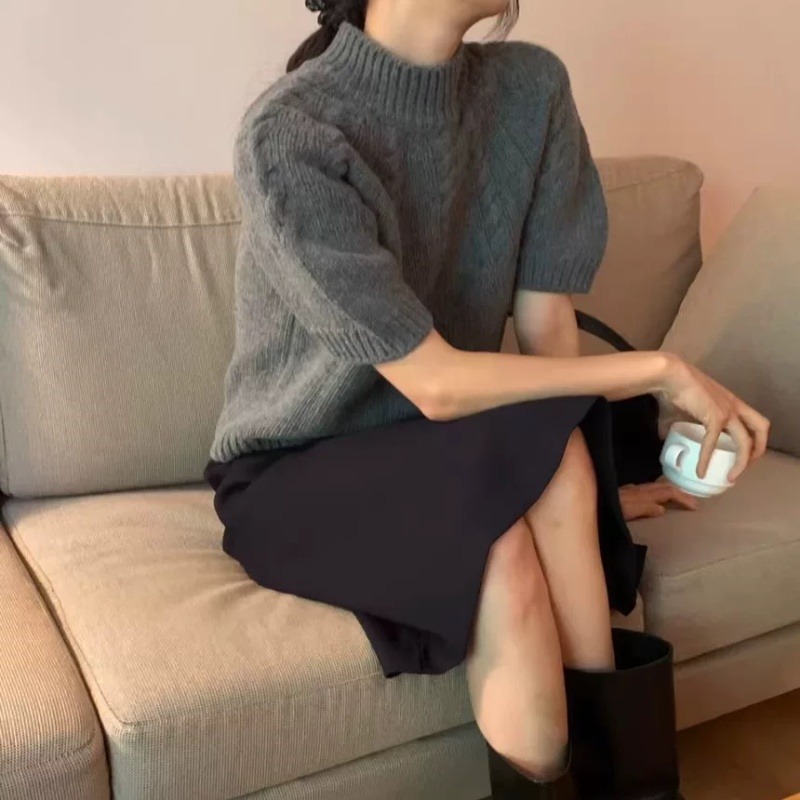 12658998.【100%羊毛】半高领麻花纯色羊毛短袖