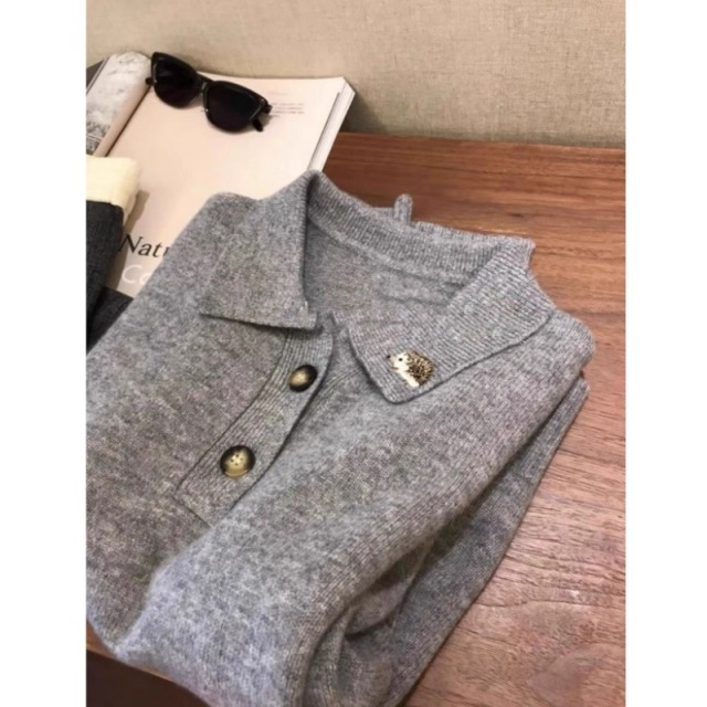 12698384.牧冬羊明星同款POLO领小刺猬针织衫