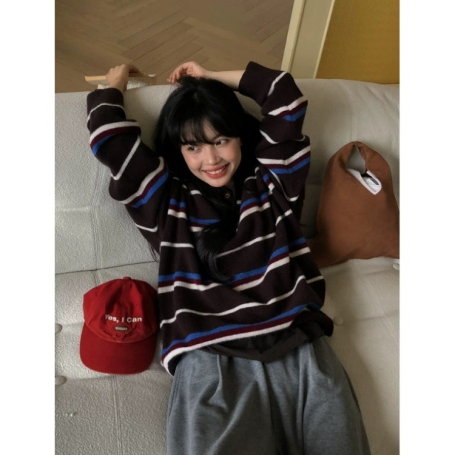 12698374.牧冬羊 H.ONE同款翻领条纹懒惰风针织衫