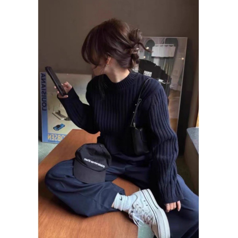 12698382.牧冬羊法式加厚圆领坑条针织衫
