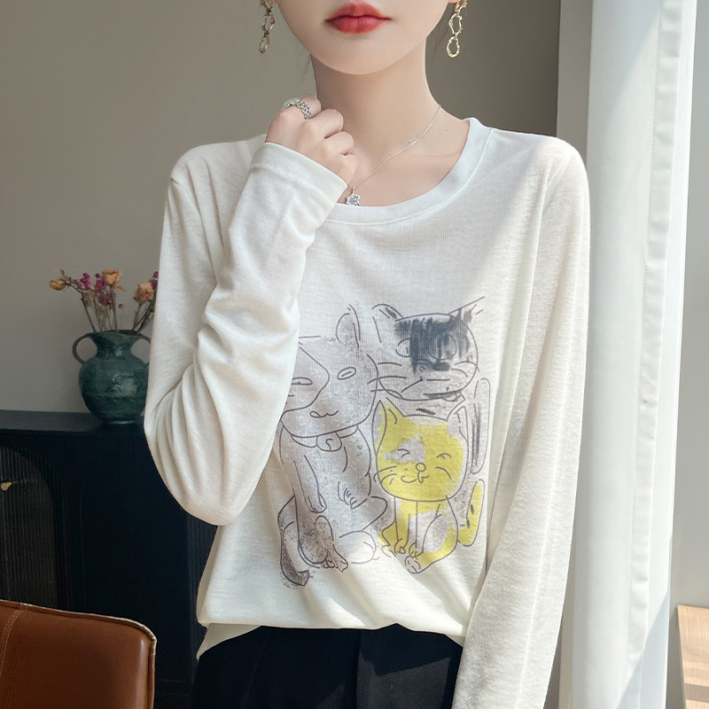 13220249.【莱赛尔系列 天丝触感】莱赛尔圆领猫咪印花打底衫