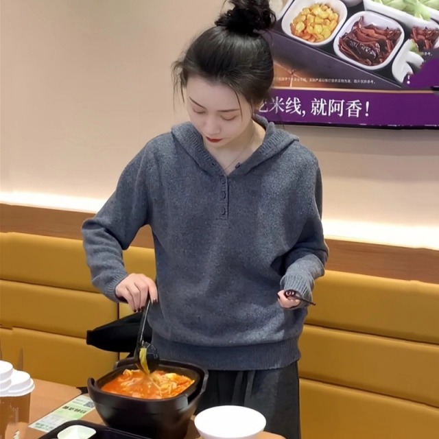 13819283.【100%羊毛】牧冬羊连帽半开扣休闲羊毛衫