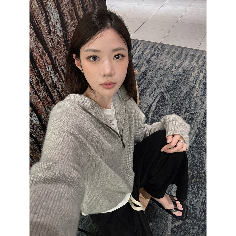 13835480.牧冬羊韩系宽松显瘦立体华夫格连帽针织短外套