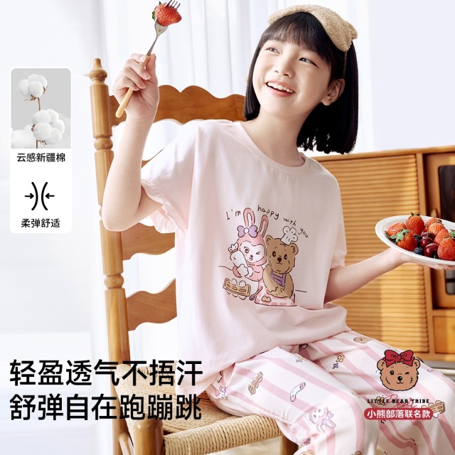 11885581.芬腾千线艺【小熊部落IP款套装】女童睡衣夏薄款短袖中大童家居服儿童睡衣
