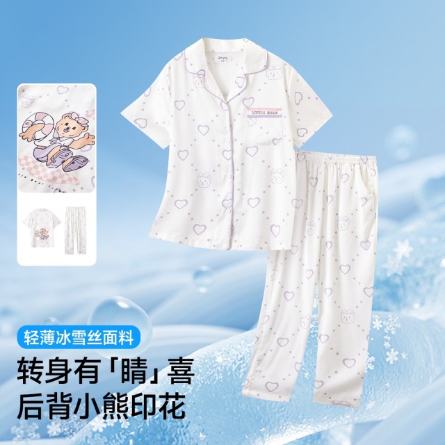 11885541.芬腾千线艺【小熊部落冰丝清爽空调服套装】少女睡衣短袖女童家居服儿童睡衣