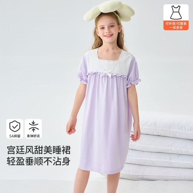 11915710.芬腾千线艺亲子款女童连衣裙夏季纯棉睡衣短袖睡裙女士甜美花边中大童连衣裙