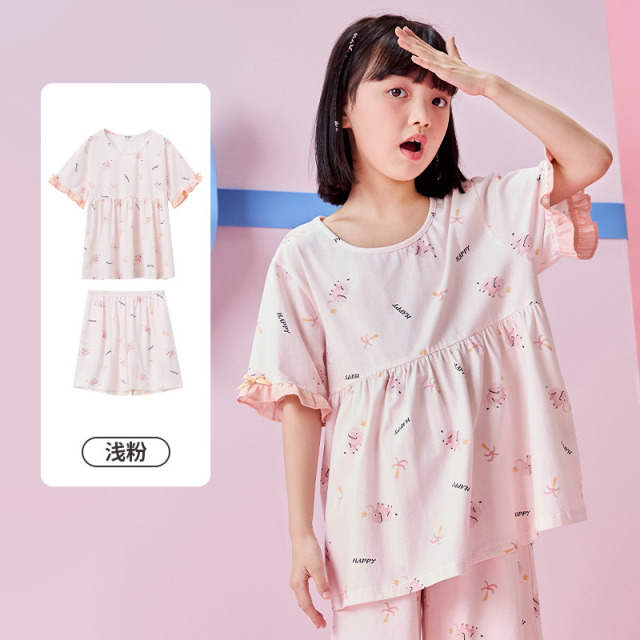 11916233.芬腾千线艺儿童睡衣纯棉夏季短袖短裤甜美可爱卡通中大童女童家居服套装